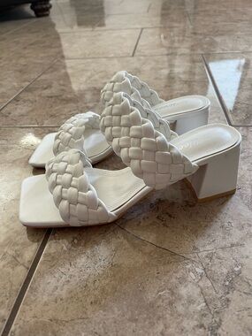 White Braided Strap Block Heel Sandals - Women